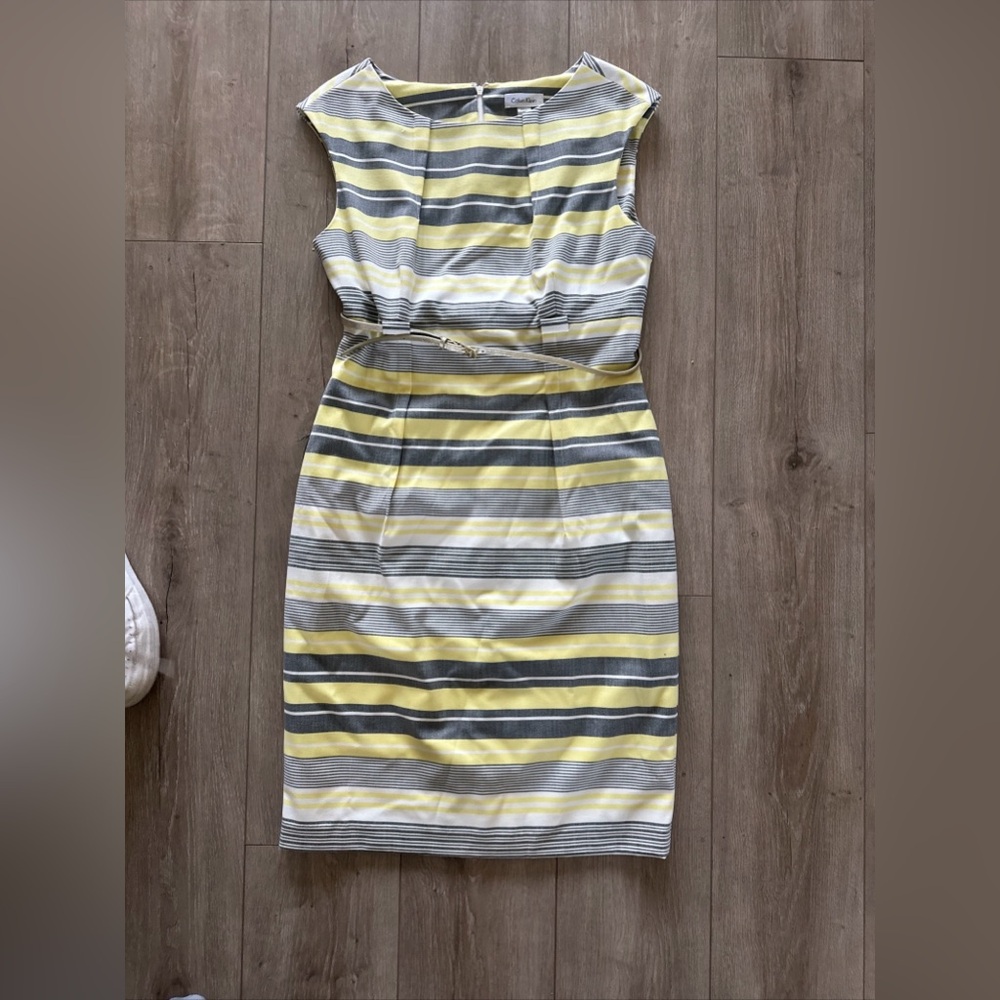 Calvin Klein Gray Yellow & White Striped Dress Black Belt Lined Sleeveless Sz 10